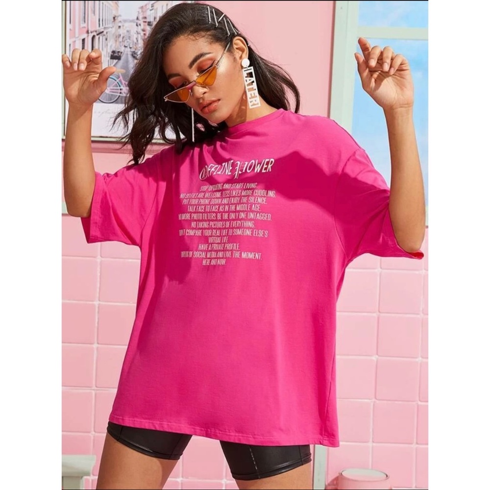 Shein Offline Power Slogan Graphic Oversized Hot Pink Tee - XS